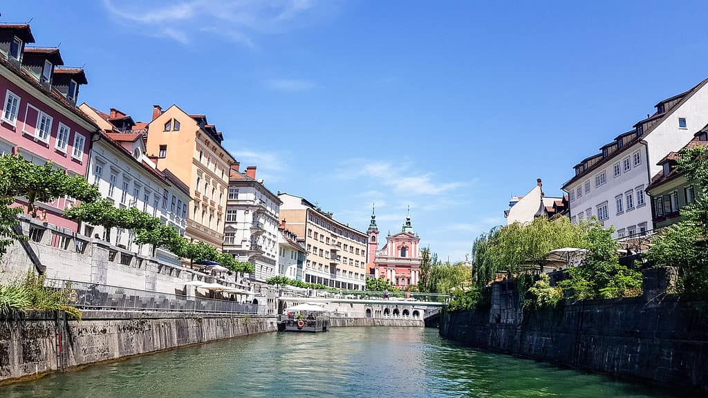 Ljuljanica river in Ljubljana, Slovenia.