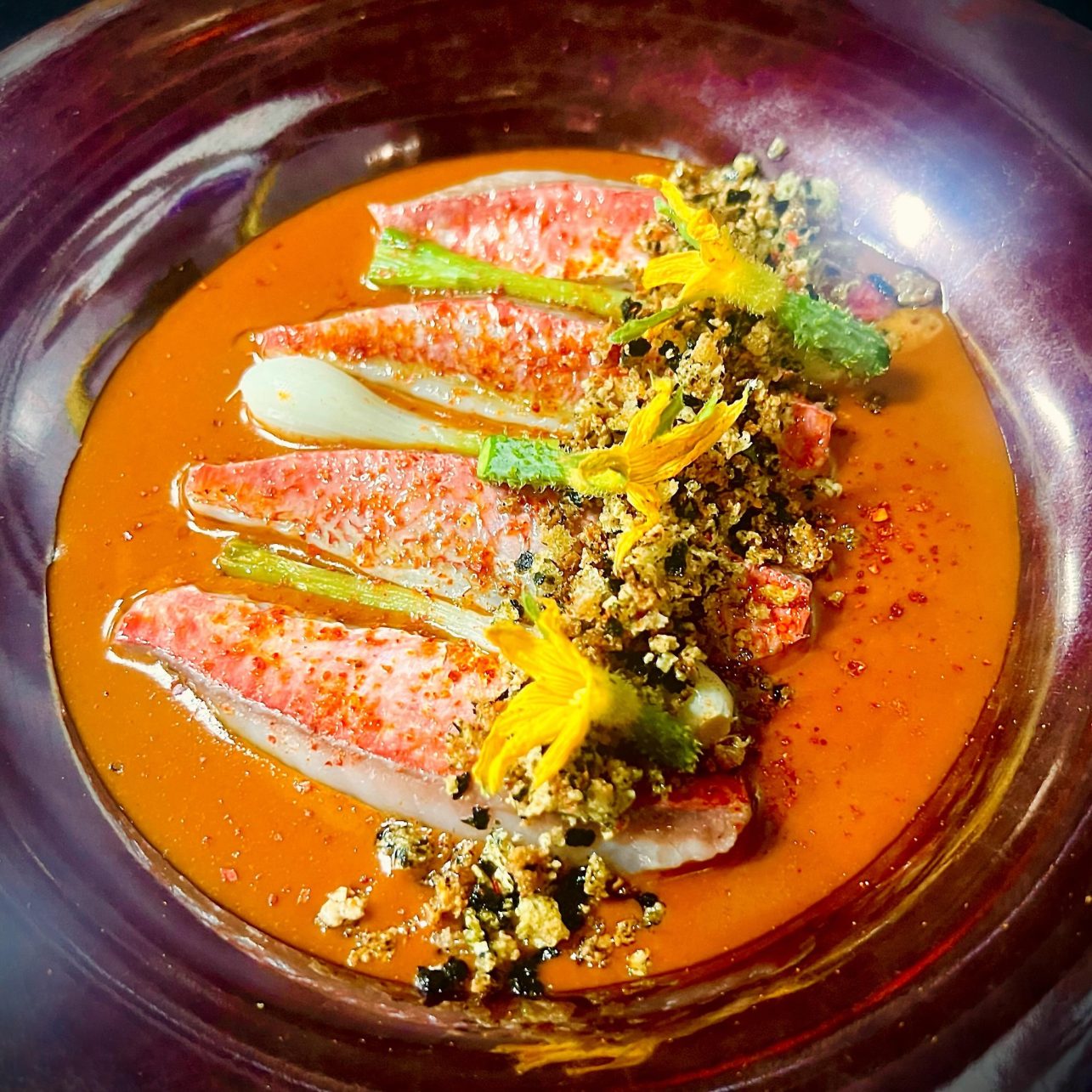 restaurants near major attractions in Paris - Good Restaurants Near Major Attractions in Paris Red mullet in crispy seaweed breadcrumbs, vegetable tian & fish soup at Tomy&Co in Paris, France.