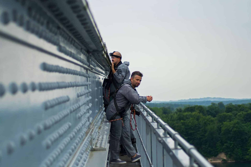 Bridgewalking on Old Little Belt Bridge - Scott and Rui, Lillebælt, Denmark