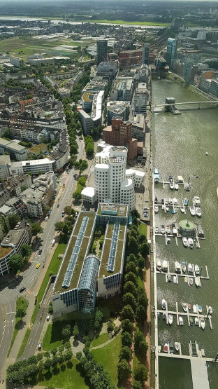 Rhine Tower in Duesseldorf - harbor view