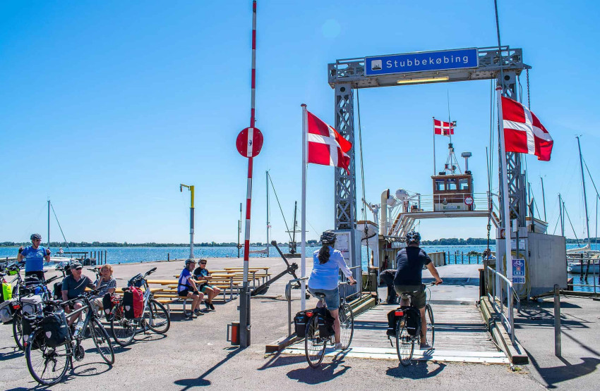 Entering the small ferry Ida going from Møn to Falster, South Zealand, Denmark