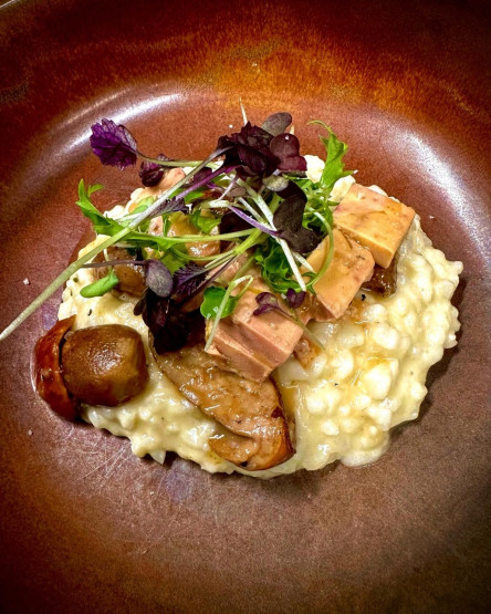 Lunch at 6 New York cep and foie gras risotto in Paris, France.