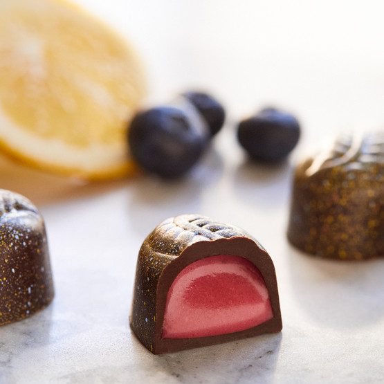 Dark Chocolate Lemon Blueberry Satin Creme at the Ethel M Chocolate Factory in Las Vegas, USA.