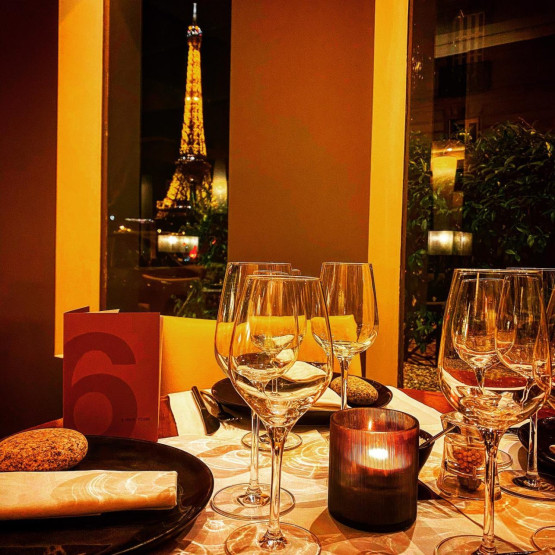 Dinner with Eiffel Tower view at the 6 New York in Paris, France.