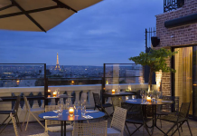 View onto the Eiffel Tower from the Terrass Hotel Restaurant in Paris, France.